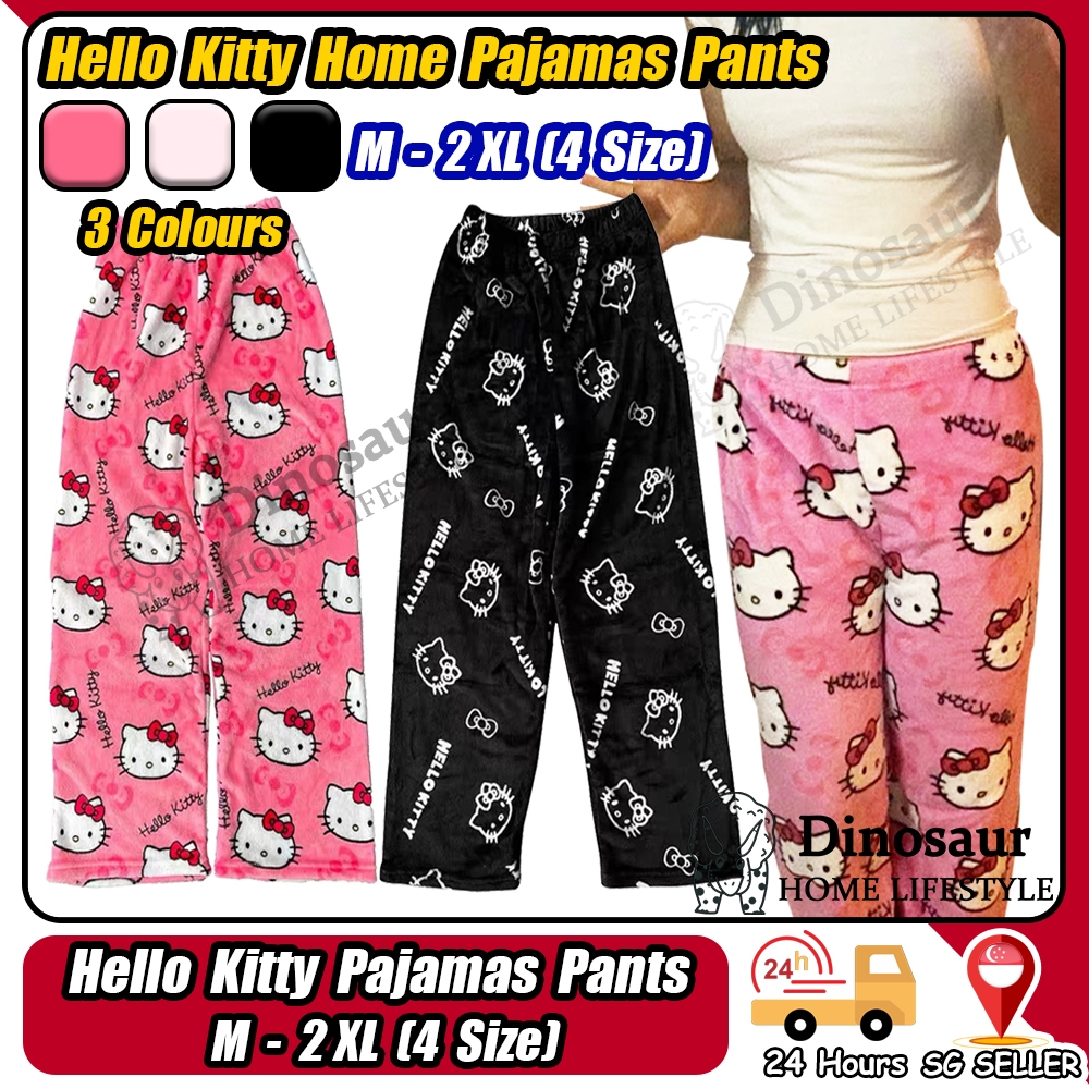 ?? ReadyStock - 2024 New Coral Fleece Hello Kitty Pajama Pants Women's Warm Plush Cartoon Casual Home Pants Student  /Home pants	/ Pajamas pants