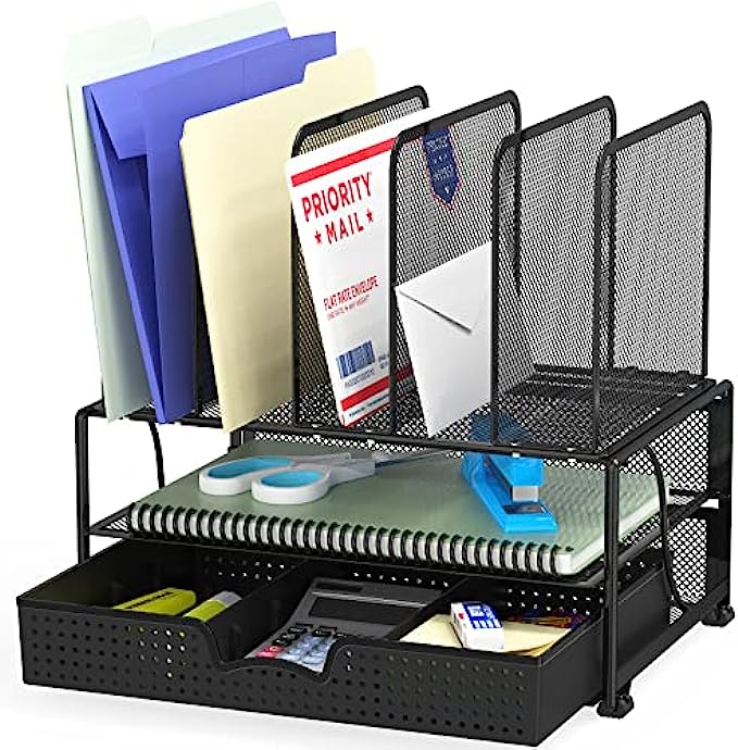 SimpleHouseware Mesh Desk Organizer with Sliding Drawer, Double Tray and 5 Upright Sections, Black